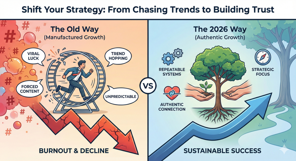 Comparison chart showing the shift from chasing viral trends (manufactured growth) to building authentic trust (sustainable success) in 2026.